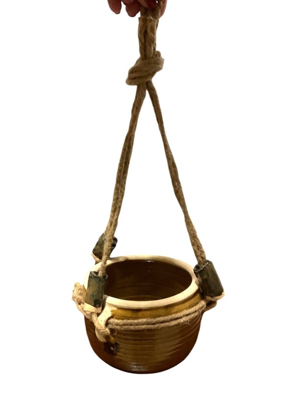 Studio Pottery Ceramic Hanging Planter Rope Accents For Indoor/Outdoor Plants
